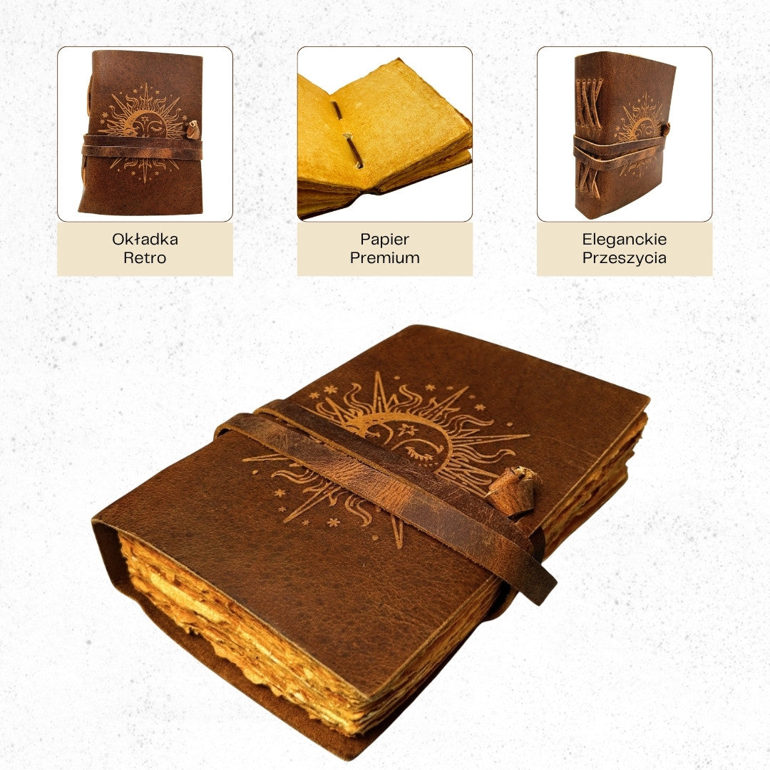 Cuaderno de Piel Vintage de 200 páginas con Grabado - Sol y Luna - Piel Natural de Búfalo - Ideal para Regalo - 18x13 cm - Elegante Diario con Papel de 150 GSM