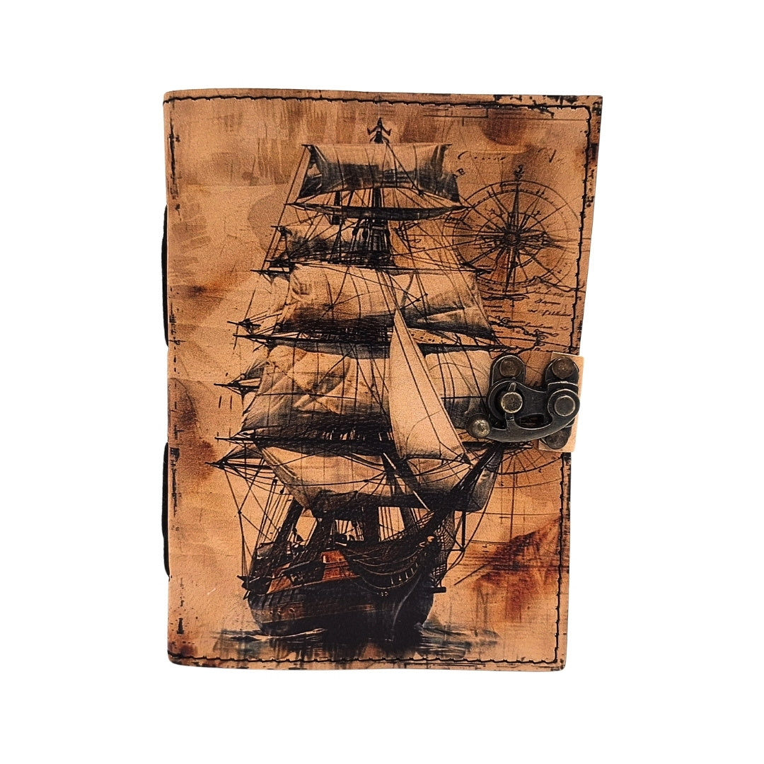 Cuaderno de cuero marinero velero retro con grabado