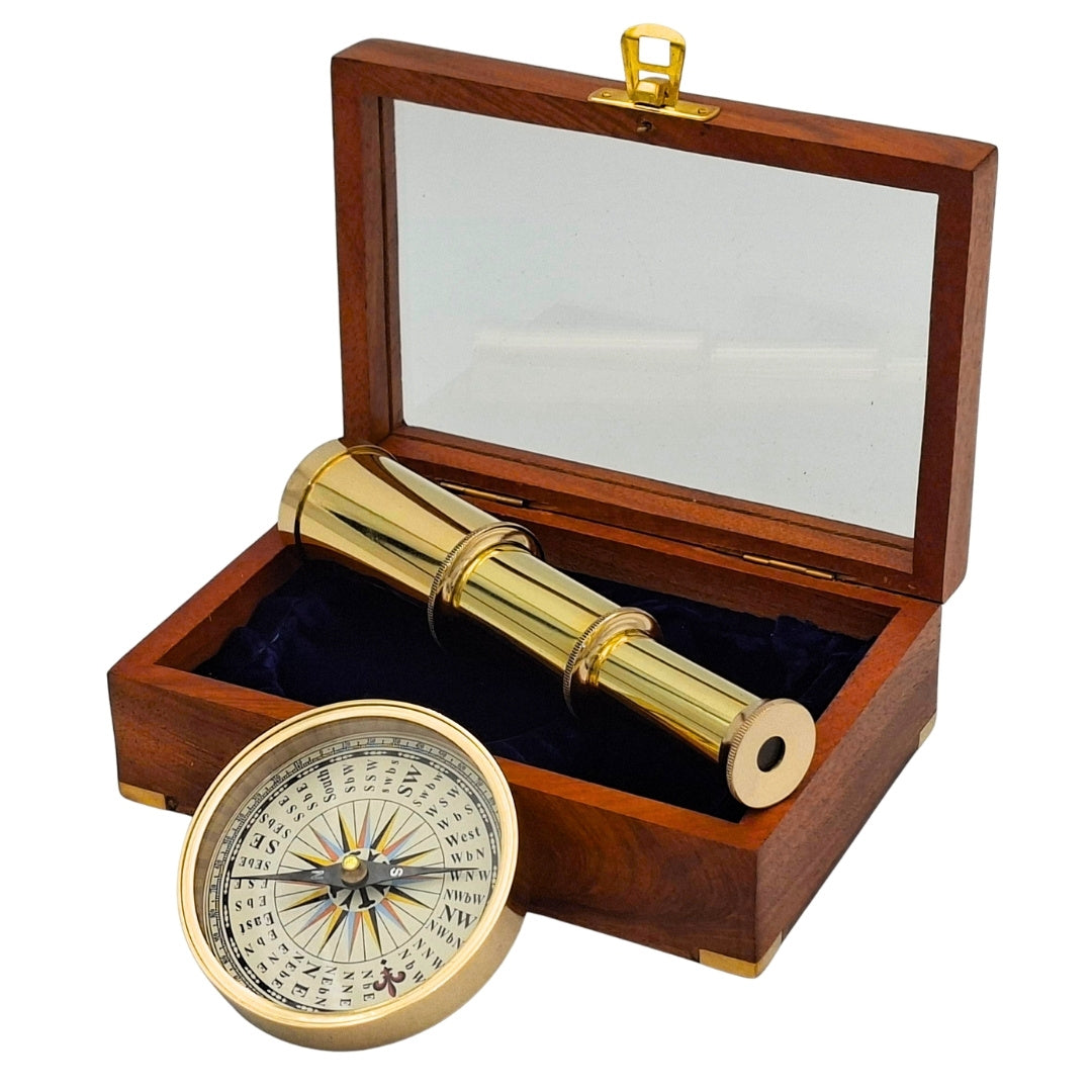 Set de regalo con brújula de latón y catalejo en elegante caja de madera con grabado