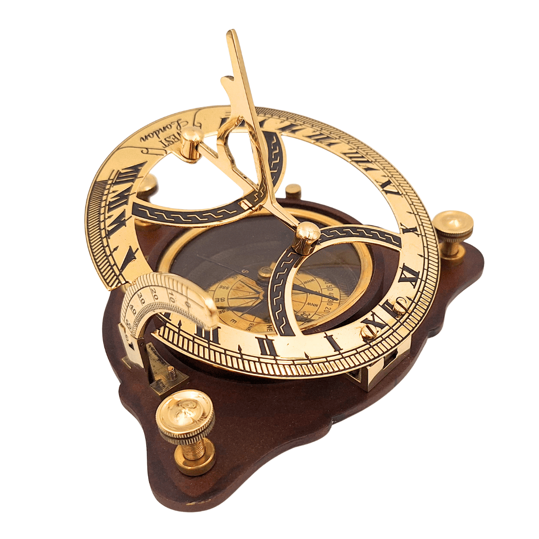 Elegante Brújula de Latón con Reloj de Sol sobre Base de Madera C064 con Posibilidad de Grabado Personalizado