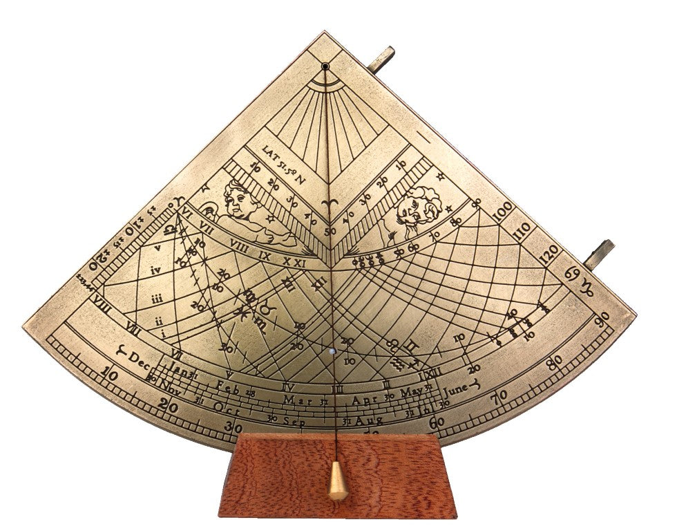 Cuadrante solar de latón Gunter H39 con base de madera, opción de personalización con grabado, regalo ideal para amantes de la astronomía, altura 17 cm, elegante embalaje para regalo