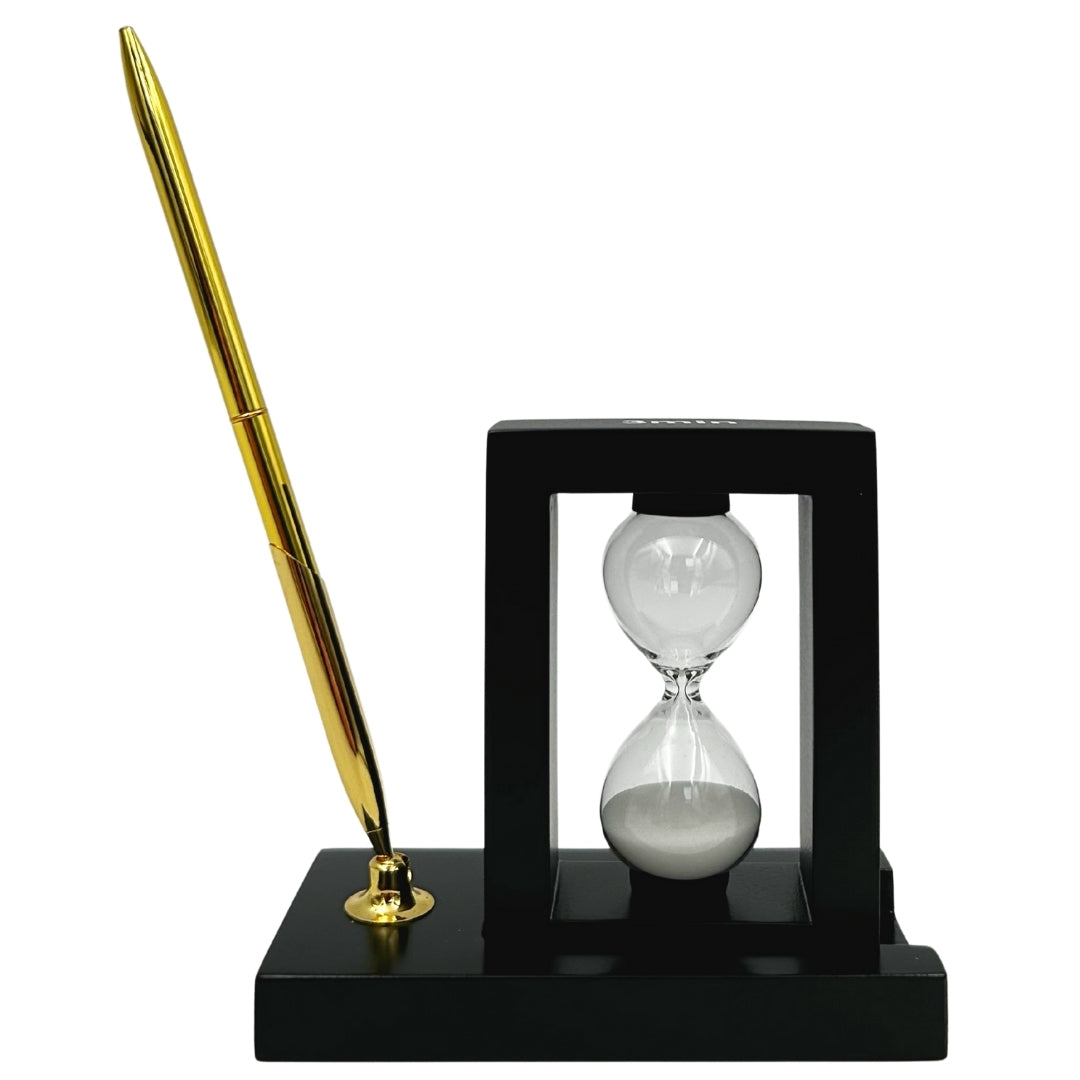 Set decorativo de escritorio con reloj de arena de 3 minutos y soporte para bolígrafo con grabado