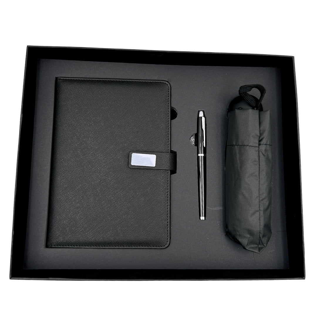 Set de Regalo Elegante con Personalización - Cuaderno de Piel A5, Bolígrafo y Paraguas Negro en Caja de Regalo