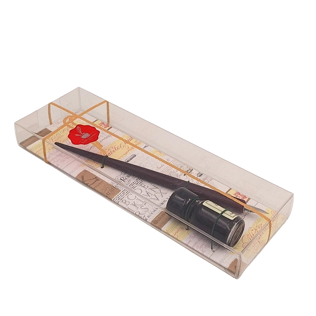 Set elegante de caligrafía con pluma de madera y tinta negra, posibilidad de personalización con grabado, ideal para regalo a amantes del arte de la escritura, en caja decorativa 7,5 x 22 x 3 cm
