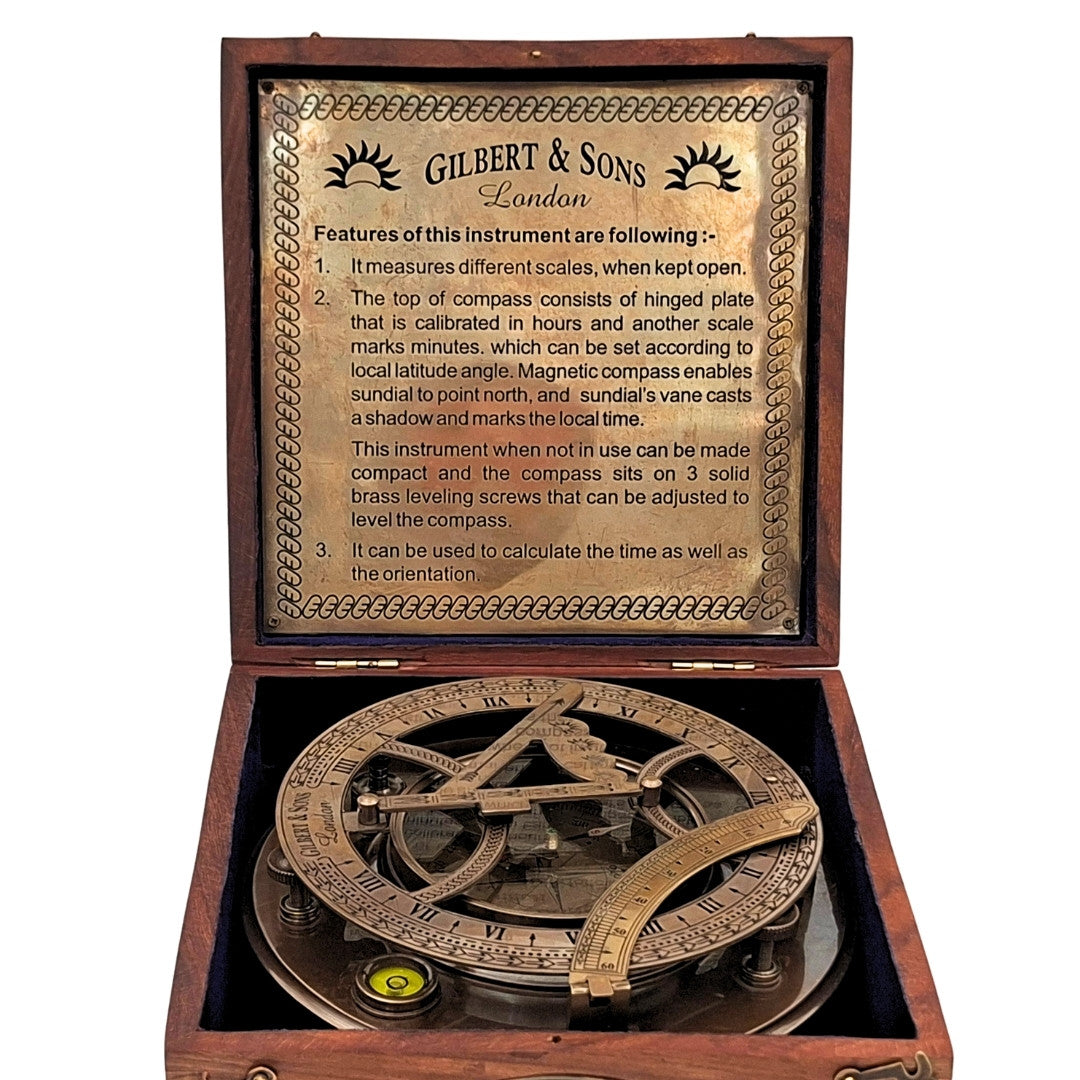 Gran Brújula de Latón XXL con Reloj de Sol en Elegante Caja de Madera