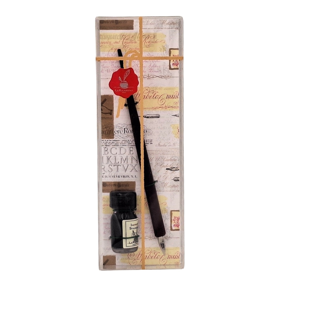 Set elegante de caligrafía con pluma de madera y tinta negra, posibilidad de personalización con grabado, ideal para regalo a amantes del arte de la escritura, en caja decorativa 7,5 x 22 x 3 cm