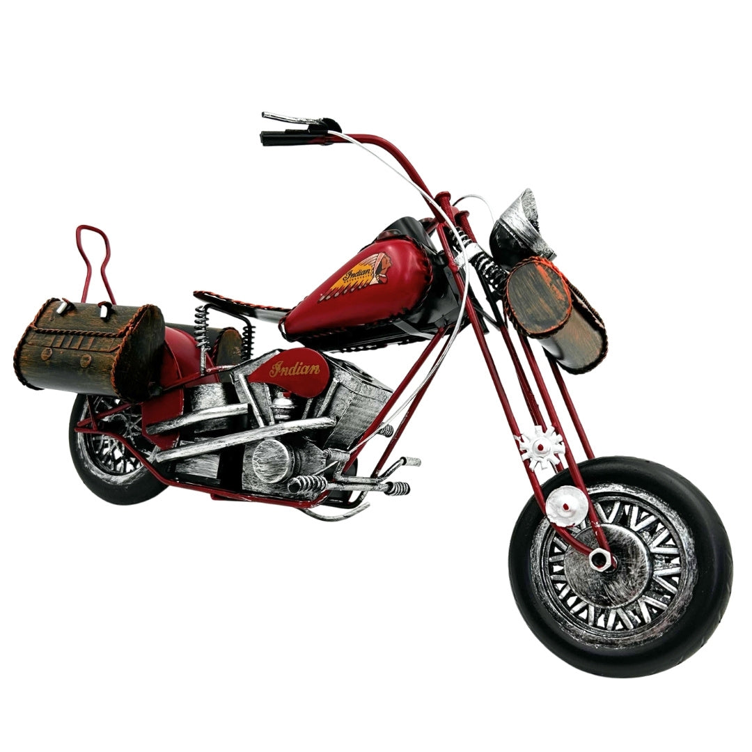 Gran modelo metálico clásico de motocicleta chopper en color rojo con posibilidad de personalización con grabado