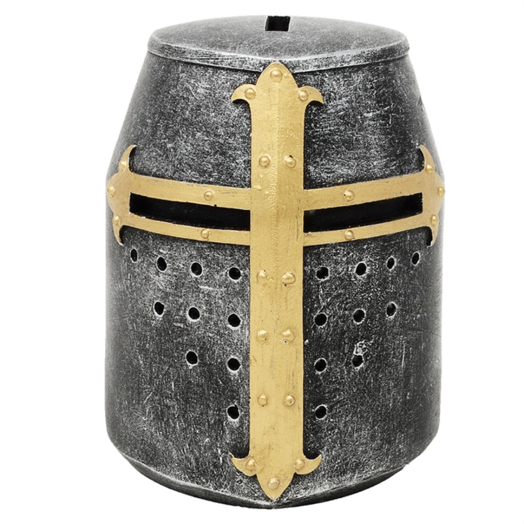 Hucha casco de caballero cruzado con personalización con grabado – regalo único estilo medieval, altura 10 cm, pintado a mano en poliresina