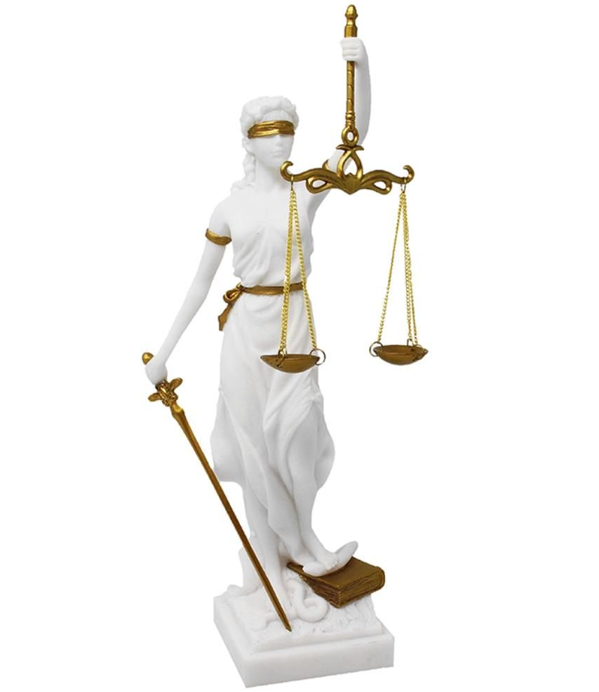 Figura de Temis con posibilidad de personalización con grabado - regalo elegante para abogado, juez o estudiante de derecho, blanca con acentos dorados, altura 35 cm, pintada a mano en polyresina