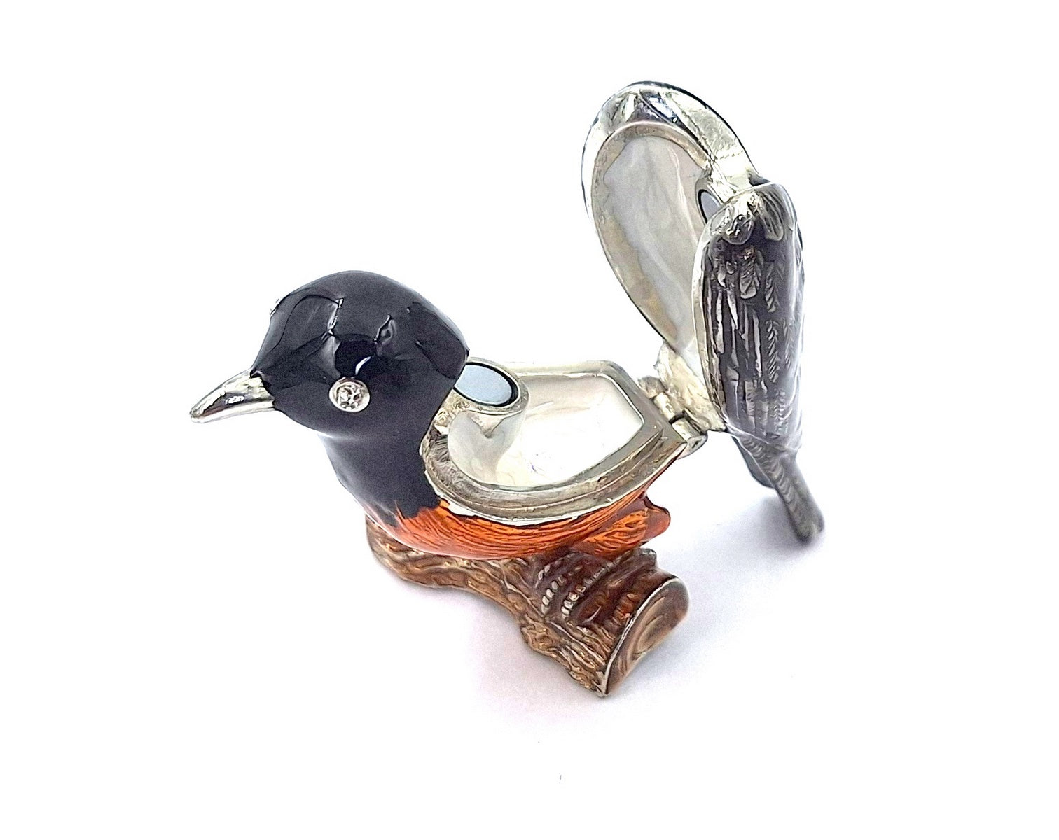Caja metálica en forma de pajarito con cristales, personalizada con grabado, ideal para regalo - negra, plateada, marrón, naranja, dimensiones 5x6x5 cm, material: metal, esmalte, cristal