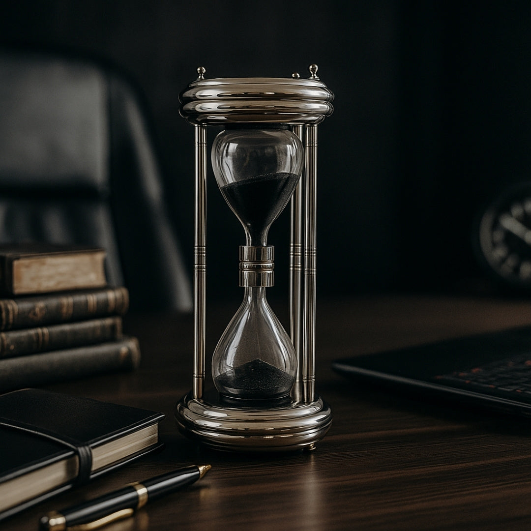 Reloj de arena grande plateado de 10 minutos con posibilidad de grabado
