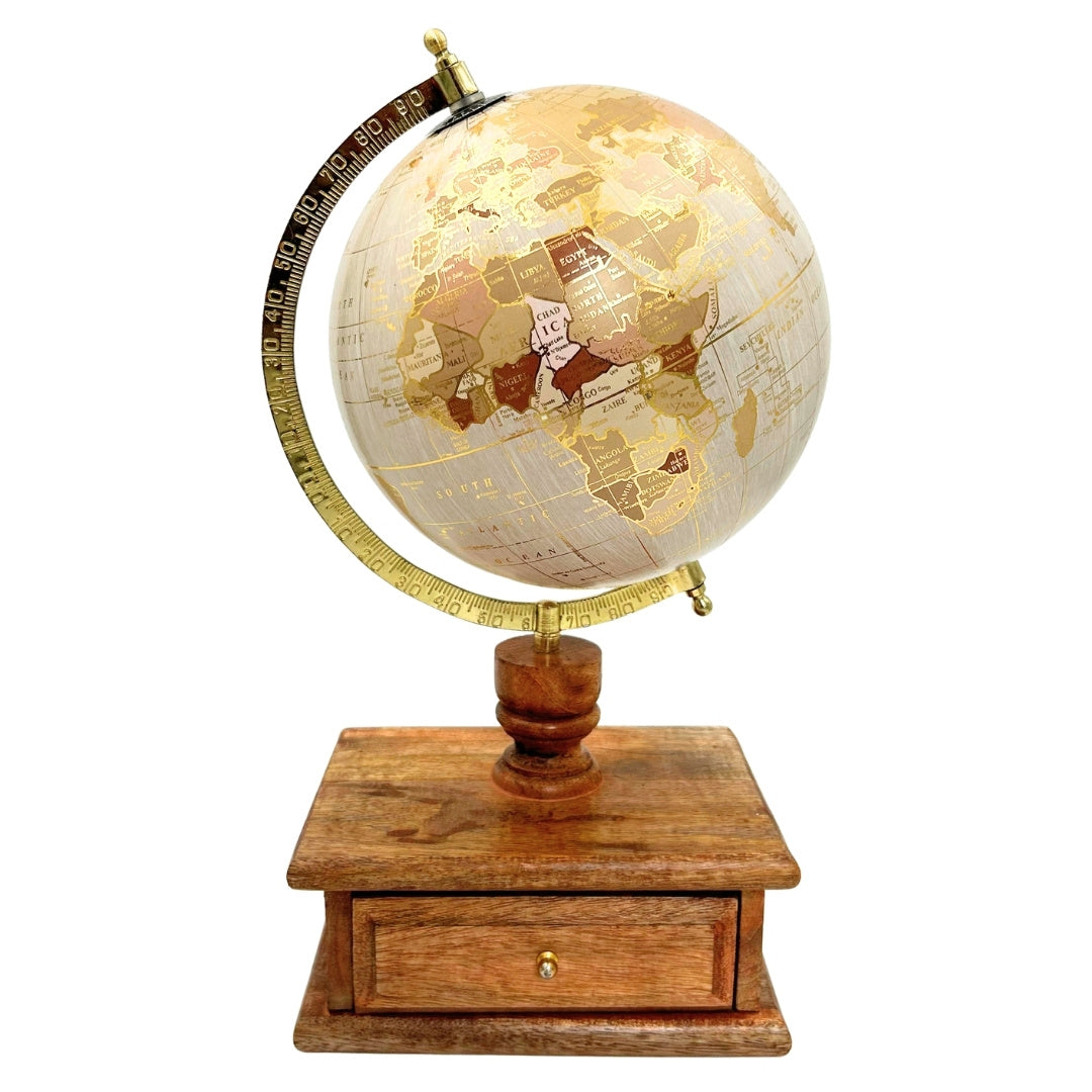 Globo de escritorio vintage elegante con base de madera y cajón