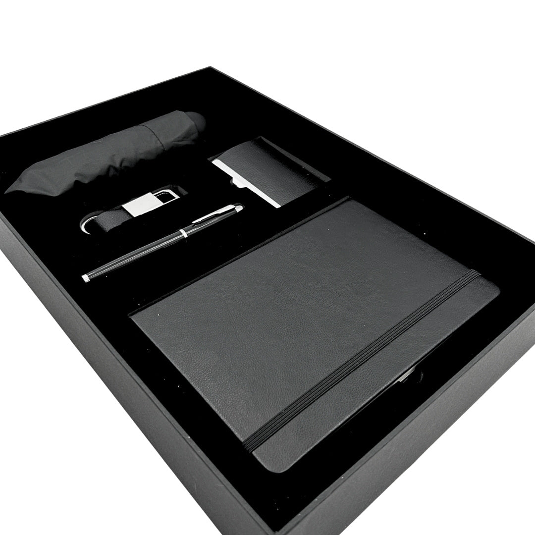 Set de Regalo Elegante Classico con Personalización - Cuaderno de Piel A5, Paraguas, Bolígrafo, Porta Tarjetas y Llavero en Caja Estética de Regalo