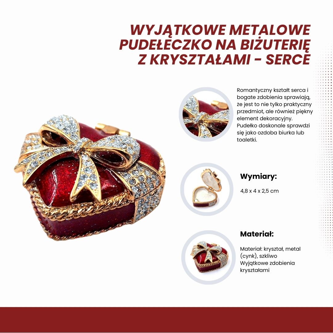 Caja metálica para joyas en forma de corazón con cristales, rojo, dorado y plateado, posibilidad de personalización con grabado, ideal para regalo romántico, dimensiones 4,8 x 4 x 2,5 cm