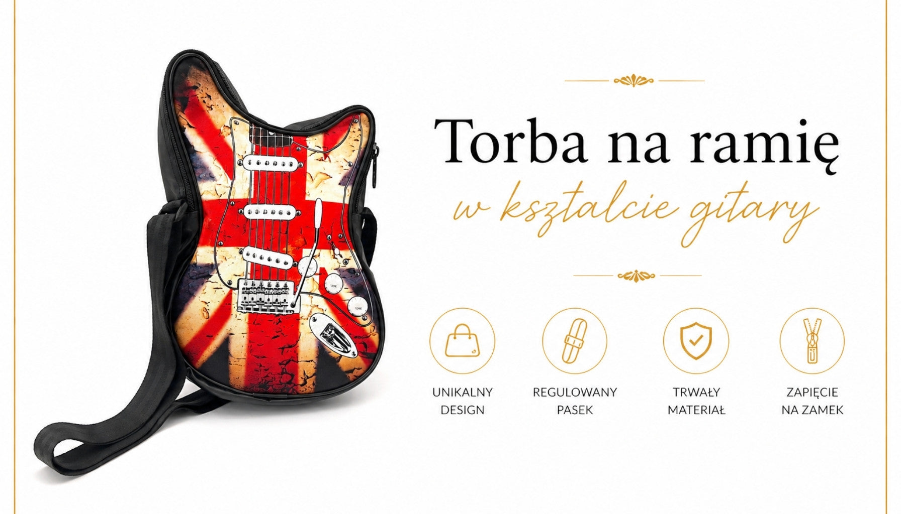 Bolso de hombro con forma de guitarra con bandera británica RBG-008 con posibilidad de personalización mediante grabado