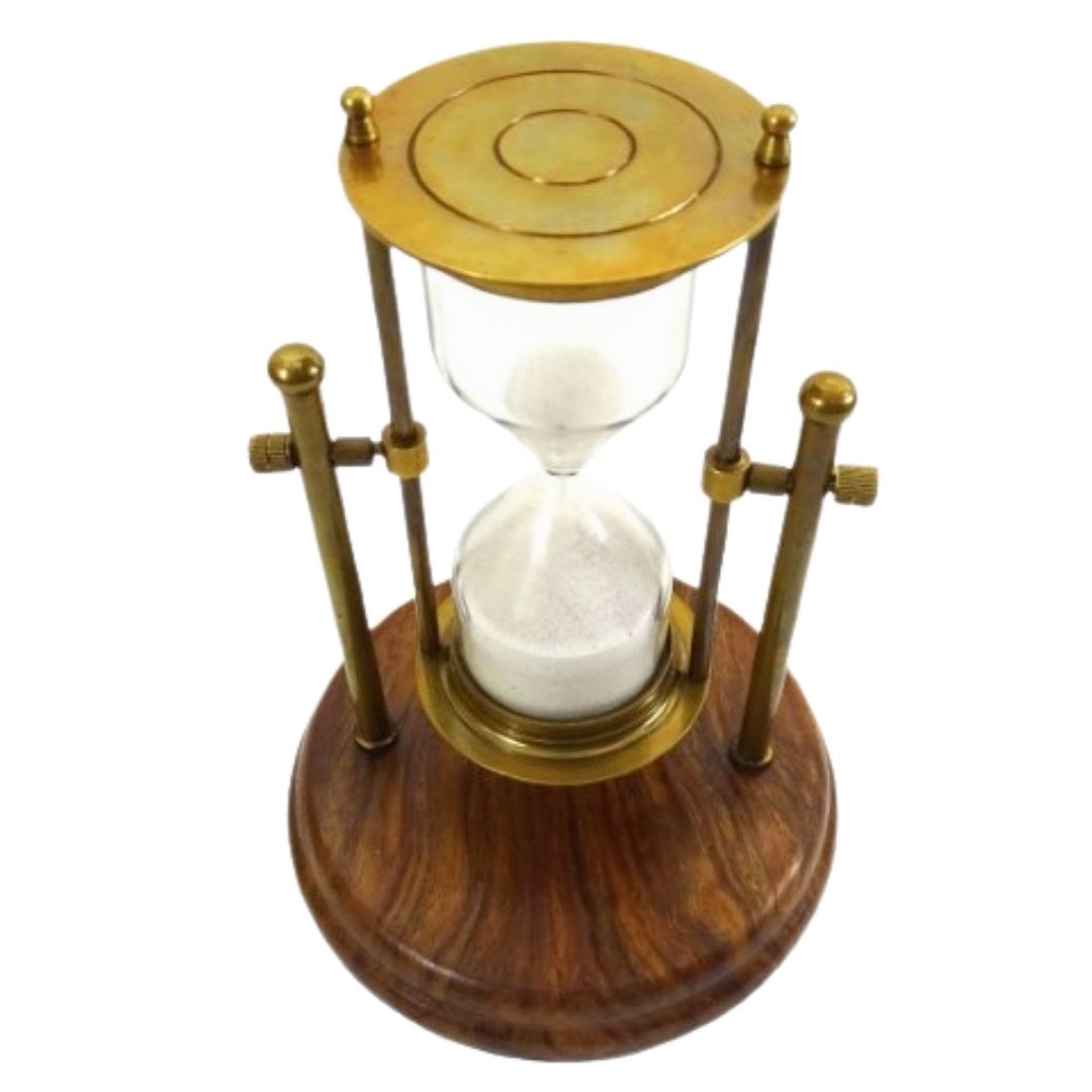 Reloj de arena de latón TMR-0200 sobre base de madera, personalizable con grabado: un elegante regalo de escritorio, 20cm de alto, arena blanca