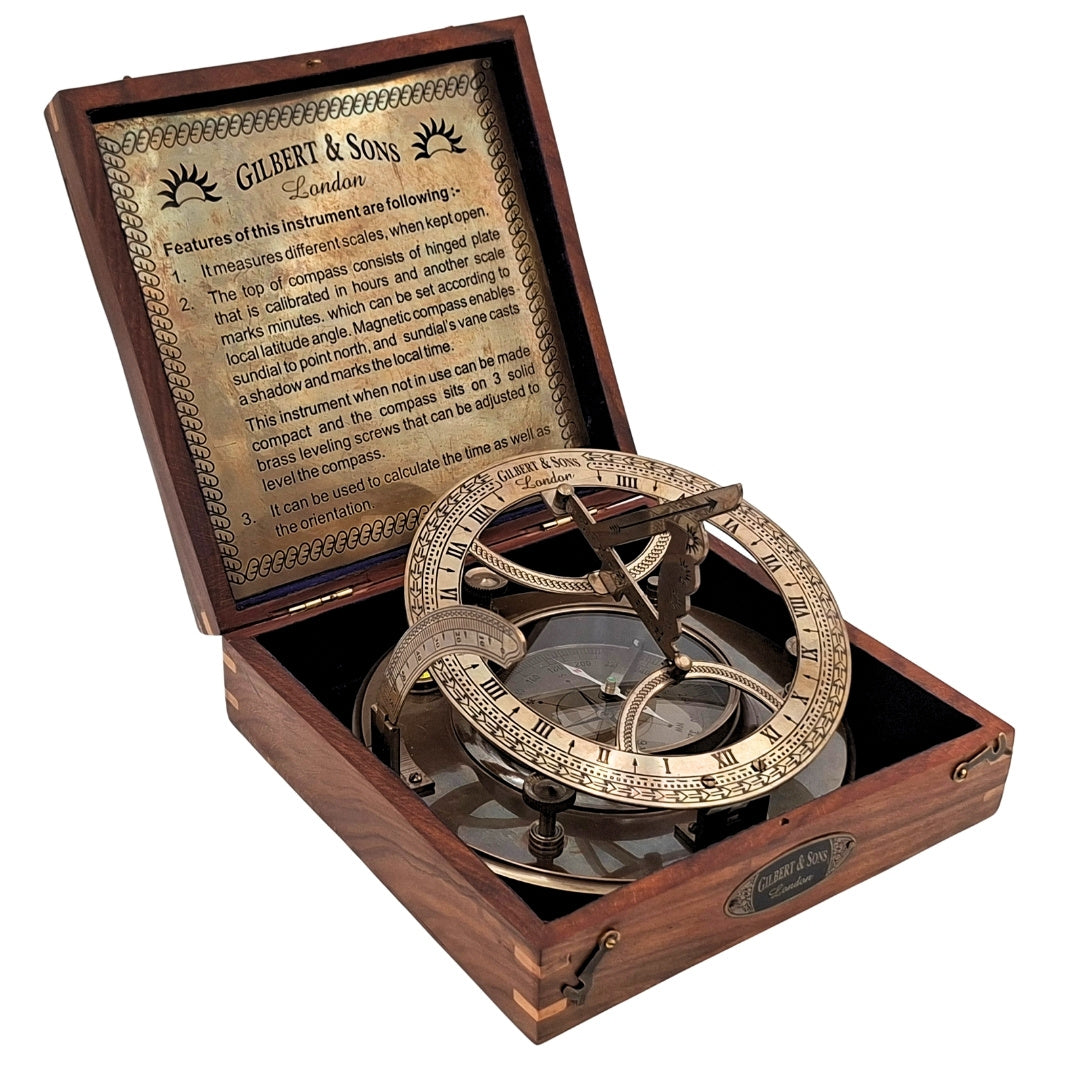 Gran Brújula de Latón XXL con Reloj de Sol en Elegante Caja de Madera
