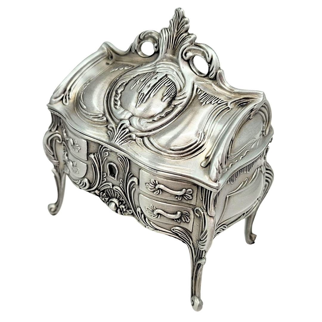 Caja de joyas metálica plateada retro 2056M con posibilidad de grabado - Regalo elegante para el Día de la Madre o cumpleaños, dimensiones 9,7 x 10 x 6,7 cm, estilo rococó con ornamentos florales
