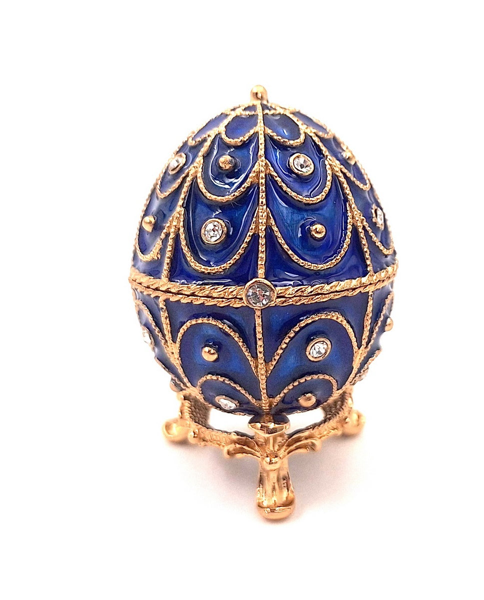 Exclusiva caja metálica con cristales en forma de huevo Fabergé, azul marino y dorado, 5,5x6,5 cm con posibilidad de personalización con grabado