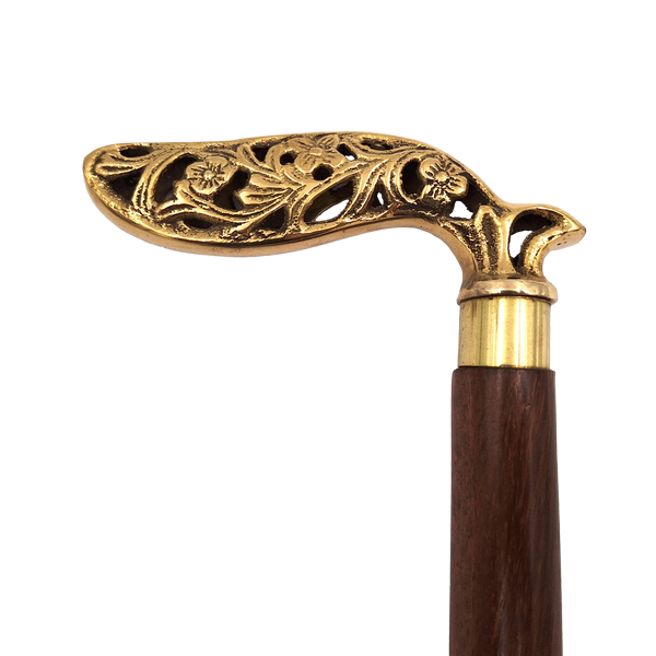 Elegante bastón plegable de madera con mango ricamente decorado en color marrón y dorado con posibilidad de personalización con grabado