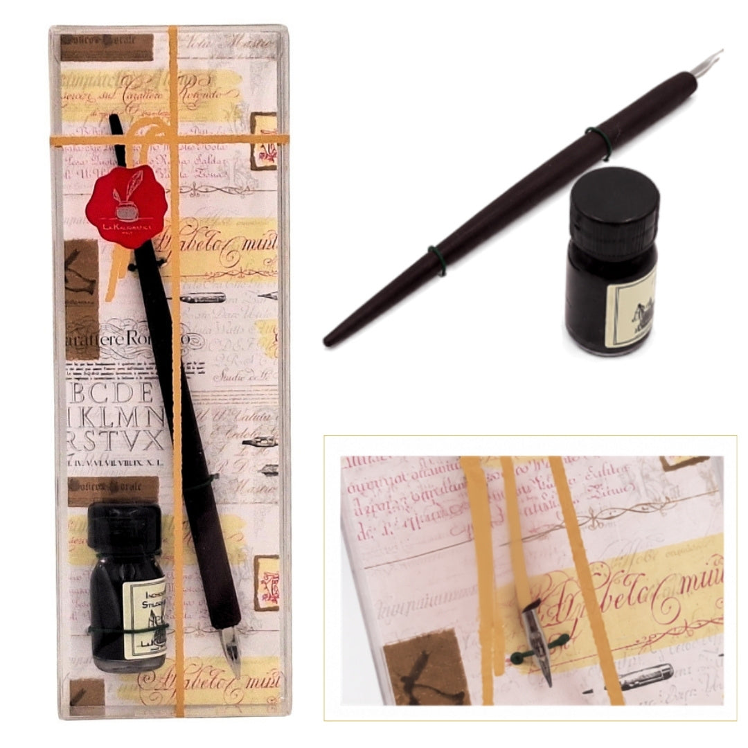 Set elegante de caligrafía con pluma de madera y tinta negra, posibilidad de personalización con grabado, ideal para regalo a amantes del arte de la escritura, en caja decorativa 7,5 x 22 x 3 cm