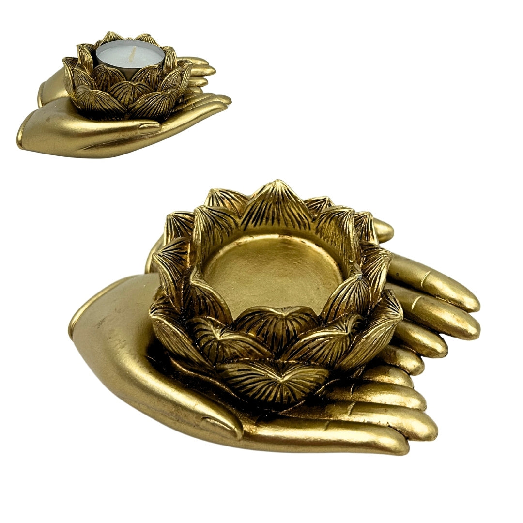 Candelabro dorado Glamour para tealight con opción de grabado personalizado – elegante elemento decorativo para interiores de 11,5 x 9,4 x 4,8 cm de polyresina