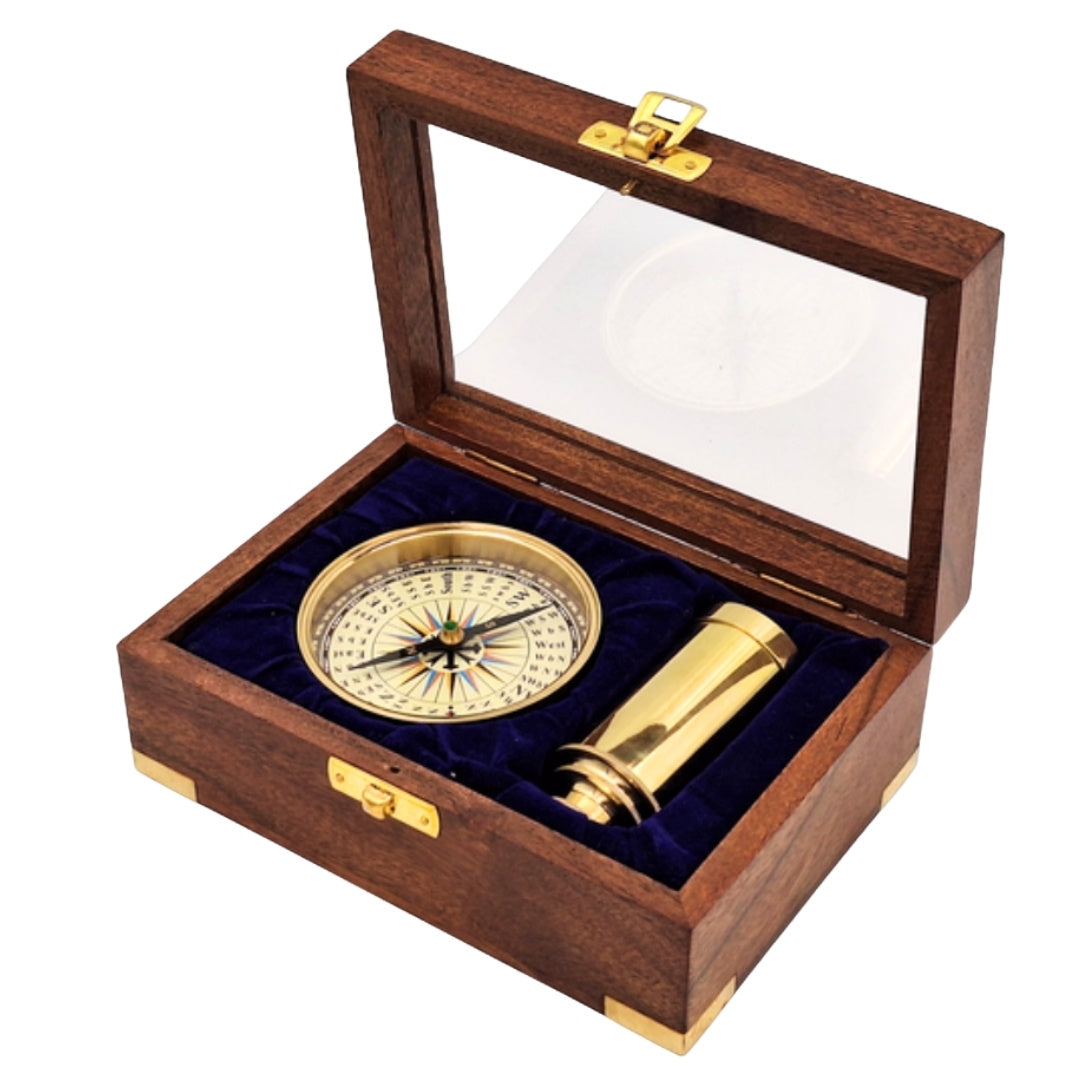 Set de regalo con brújula de latón y catalejo en elegante caja de madera con grabado