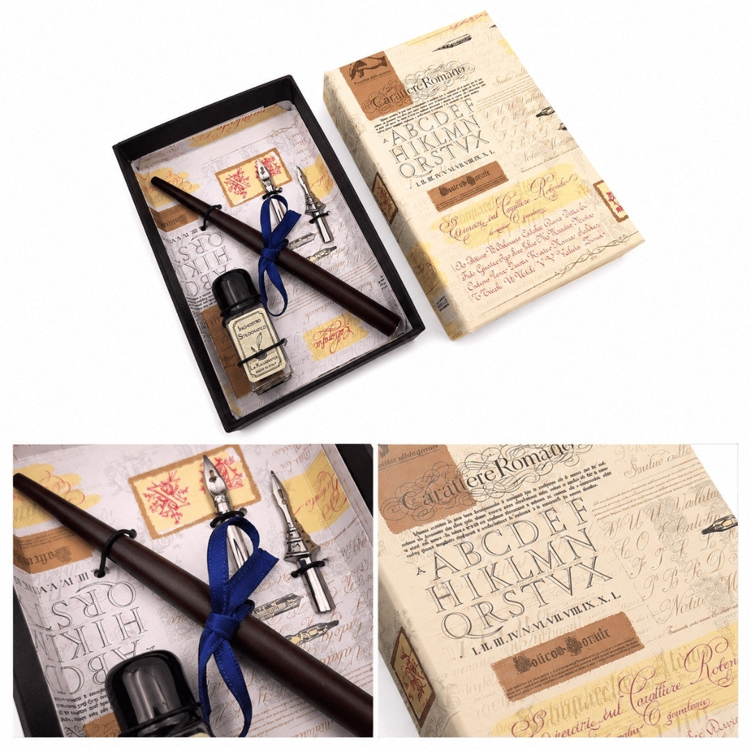 Set de caligrafía con grabado personalizado - pluma italiana con dos plumillas y tintero, ideal para regalo - elegante caja de 12.5x8,5x3cm