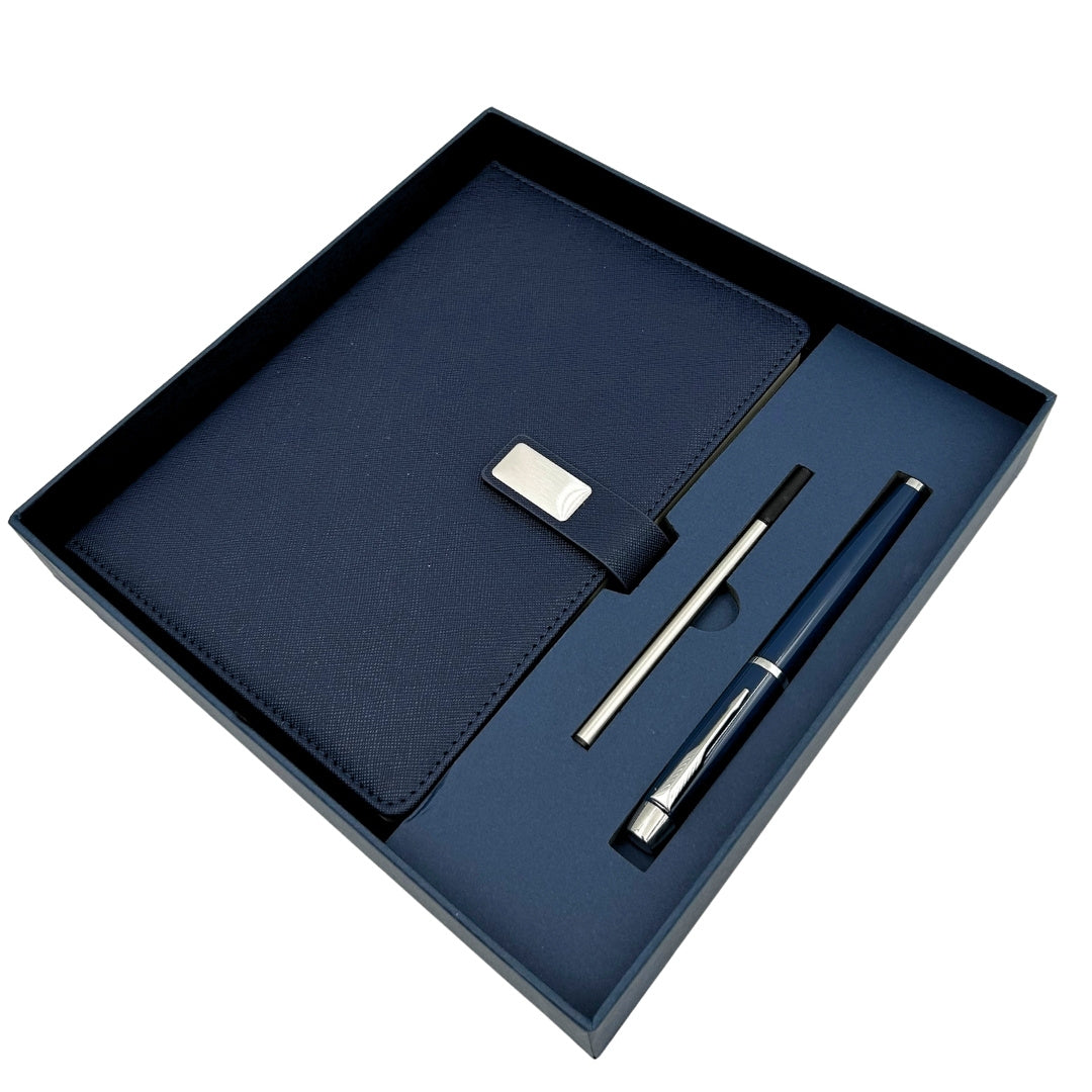 Cuaderno de Piel Azul Marino Elegante A5 con Bolígrafo y Grabado Personalizado en Caja de Regalo