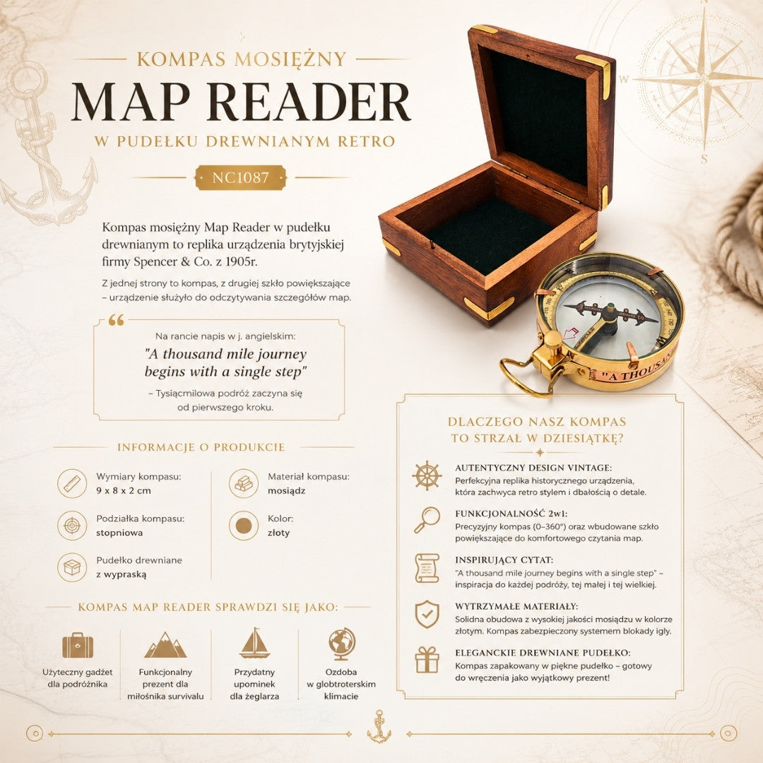 Brújula de latón para lectura de mapas con grabado en caja de madera retro