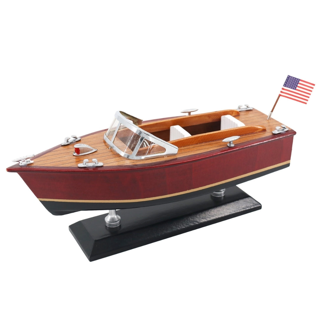 Modelo de lancha motora de madera con grabado – barco motor clásico 26 cm en tonos profundos de madera