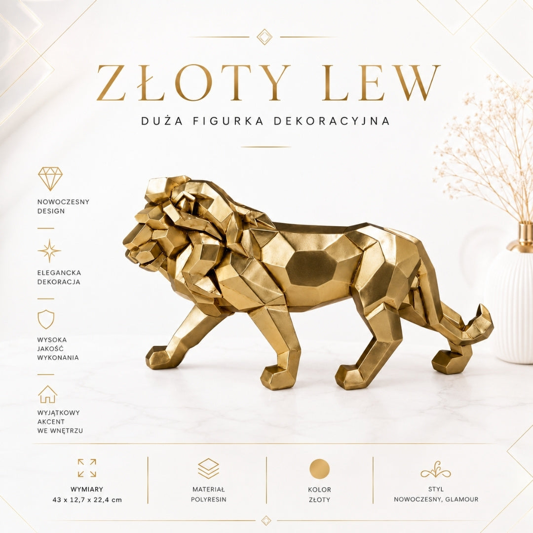Gran figura de león dorado de 43 cm con posibilidad de personalización con grabado - adorno elegante para regalo, polyresina de alta calidad, estilo moderno glamour