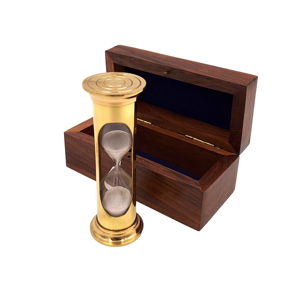 Reloj de arena redondo STP99 en caja de madera con posibilidad de personalización mediante grabado, de latón, dorado, 3 minutos, regalo ideal para amantes de los RPG y récords Guinness