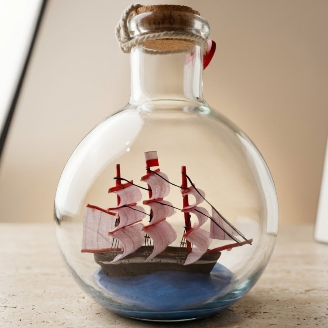 Barco en Botella Rafandynka con posibilidad de personalización con grabado – decoración marinera clásica de 8,5 cm, ideal para regalo a amantes de la navegación