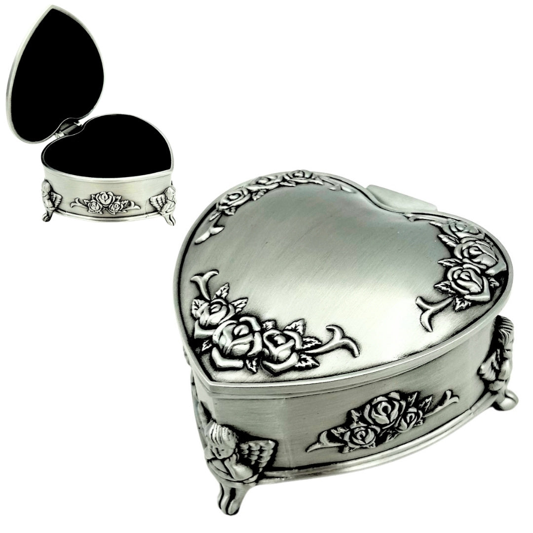 Caja metálica en forma de corazón con posibilidad de personalización mediante grabado – regalo elegante para San Valentín, aniversario o cumpleaños, decorada con motivo de rosa, dimensiones 8,7 x 8,4 x 5,1 cm