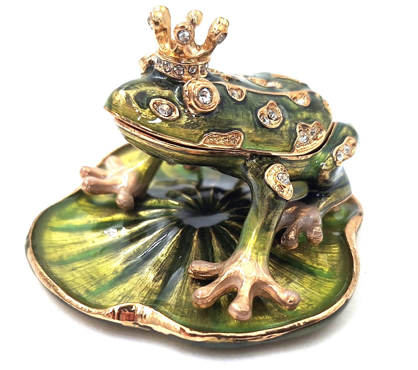 Exclusiva caja metálica en forma de rana con cristales, verde oscuro y dorado, posibilidad de personalización con grabado, ideal para regalo, dimensiones 6,5x6,7x4,5 cm