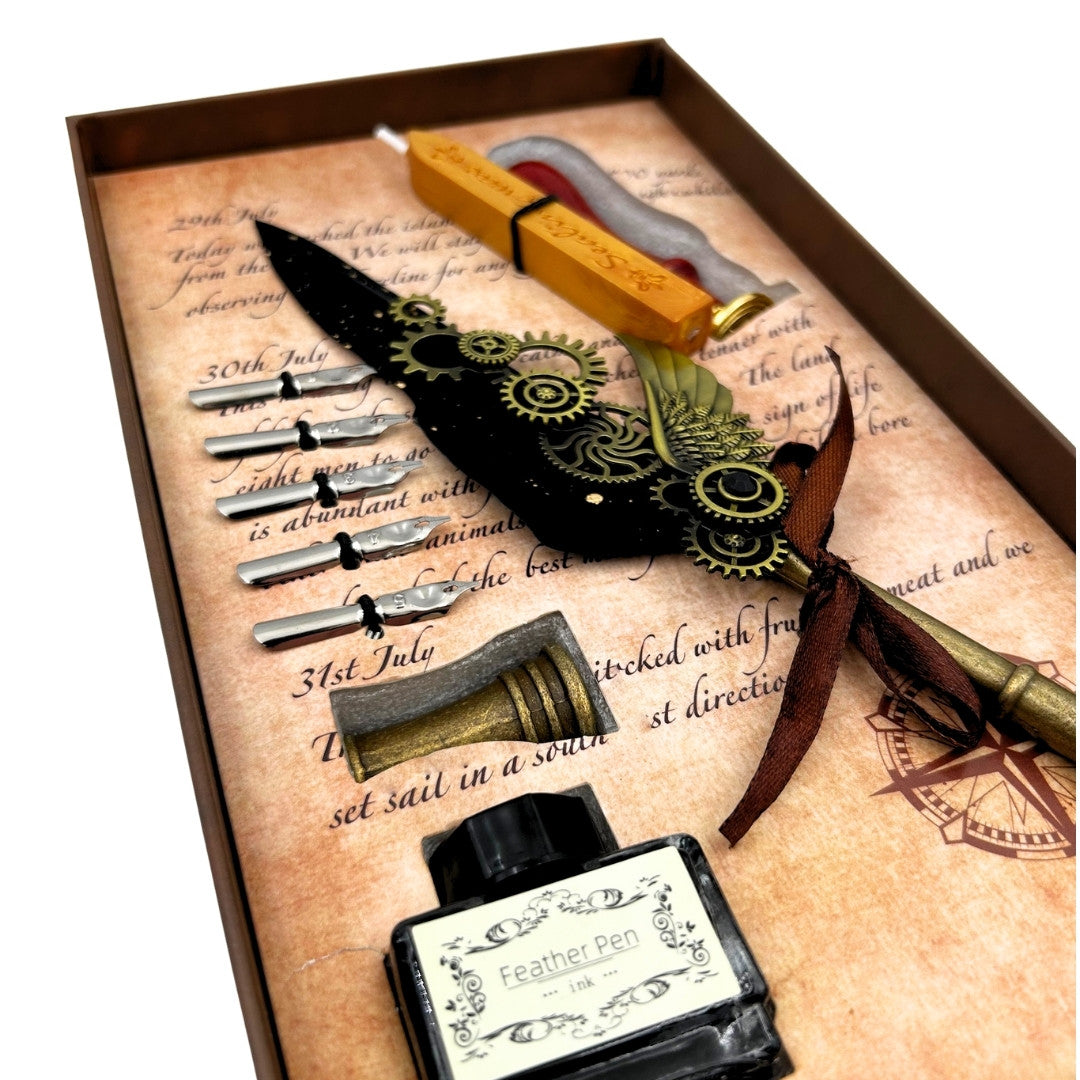Set de Caligrafía Premium con Pluma de Ganso, 6 Plumillas Intercambiables, Sello y Soporte