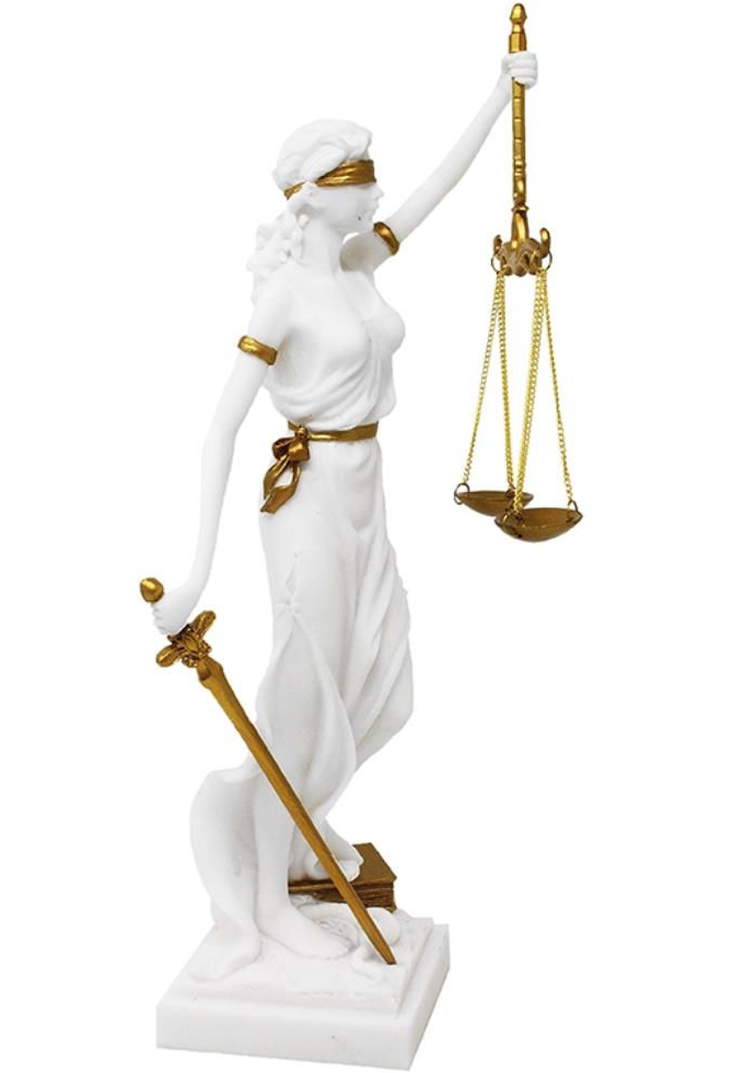 Figura de Temis con posibilidad de personalización con grabado - regalo elegante para abogado, juez o estudiante de derecho, blanca con acentos dorados, altura 35 cm, pintada a mano en polyresina