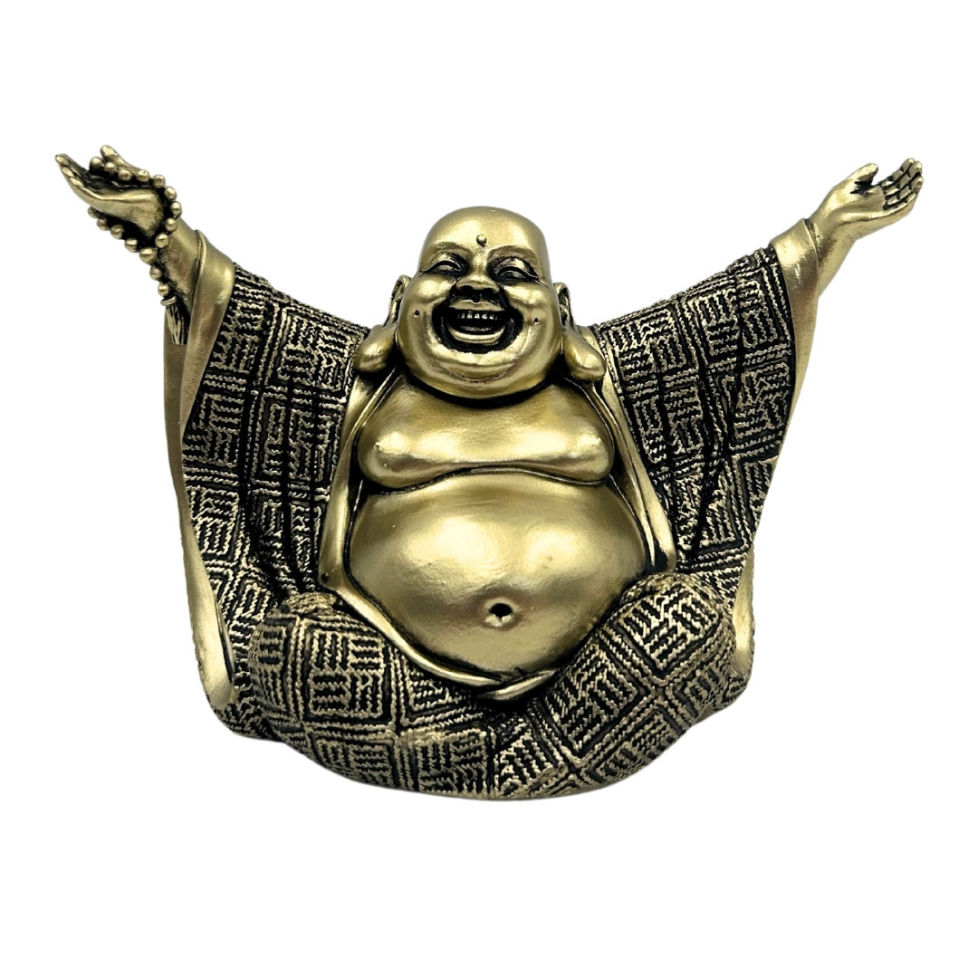 Figura de Buda alegre en dorado con opción de grabado personalizado - elegante decoración para regalo de 17,1 cm de altura en polyresina, simboliza riqueza y felicidad