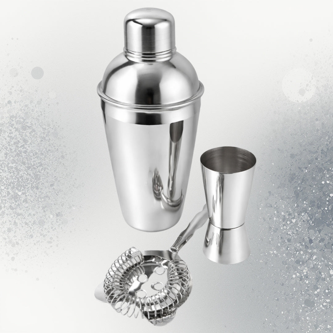 Set de Bar Steel 3 Piezas con Posibilidad de Personalización con Grabado - Coctelera 750 ml, Medidor 15/30 ml, Colador - Regalo Elegante para Amantes de los Cócteles, Acero Inoxidable, Color Plateado