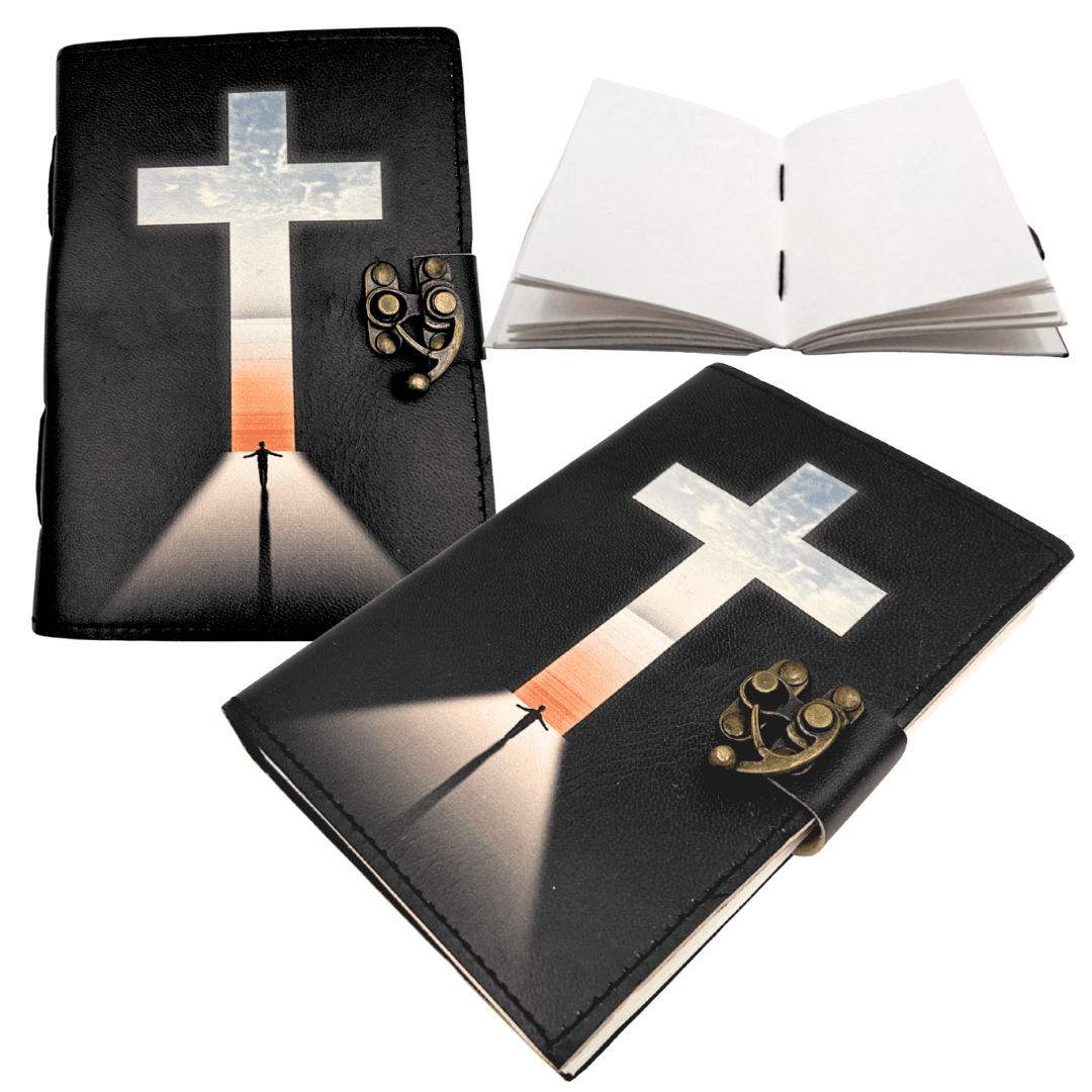 Cuaderno de cuero Cruz Religiosa Libro de Oraciones con grabado
