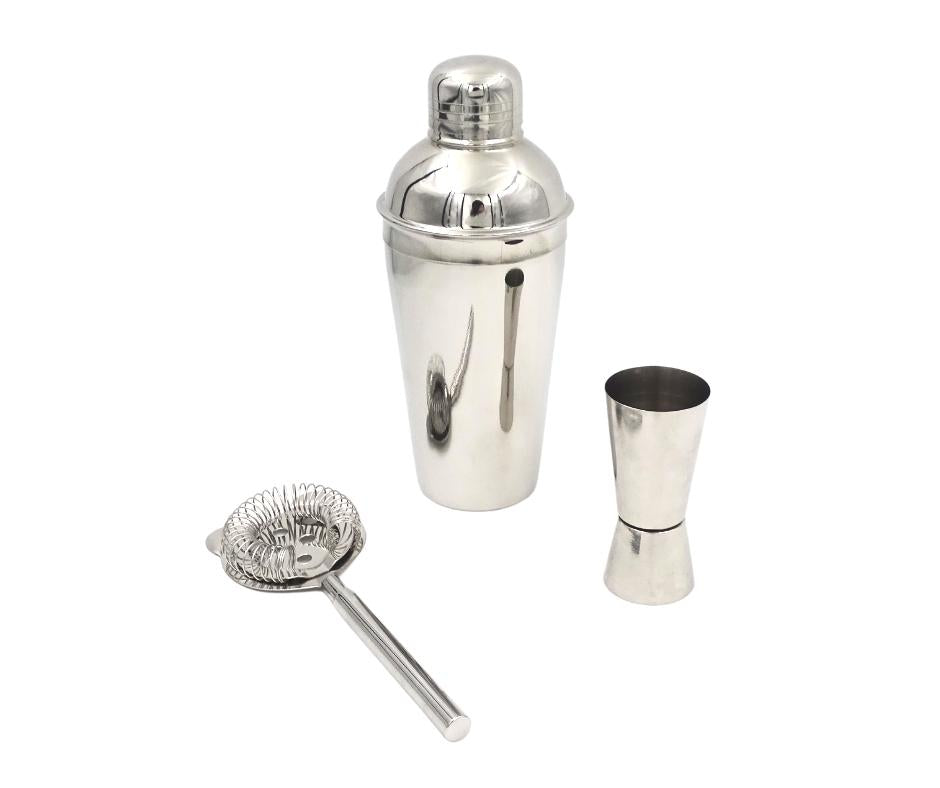 Set de Bar Steel 3 Piezas con Posibilidad de Personalización con Grabado - Coctelera 750 ml, Medidor 15/30 ml, Colador - Regalo Elegante para Amantes de los Cócteles, Acero Inoxidable, Color Plateado