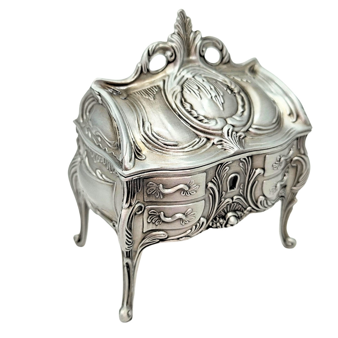 Caja de joyas metálica plateada retro 2056M con posibilidad de grabado - Regalo elegante para el Día de la Madre o cumpleaños, dimensiones 9,7 x 10 x 6,7 cm, estilo rococó con ornamentos florales