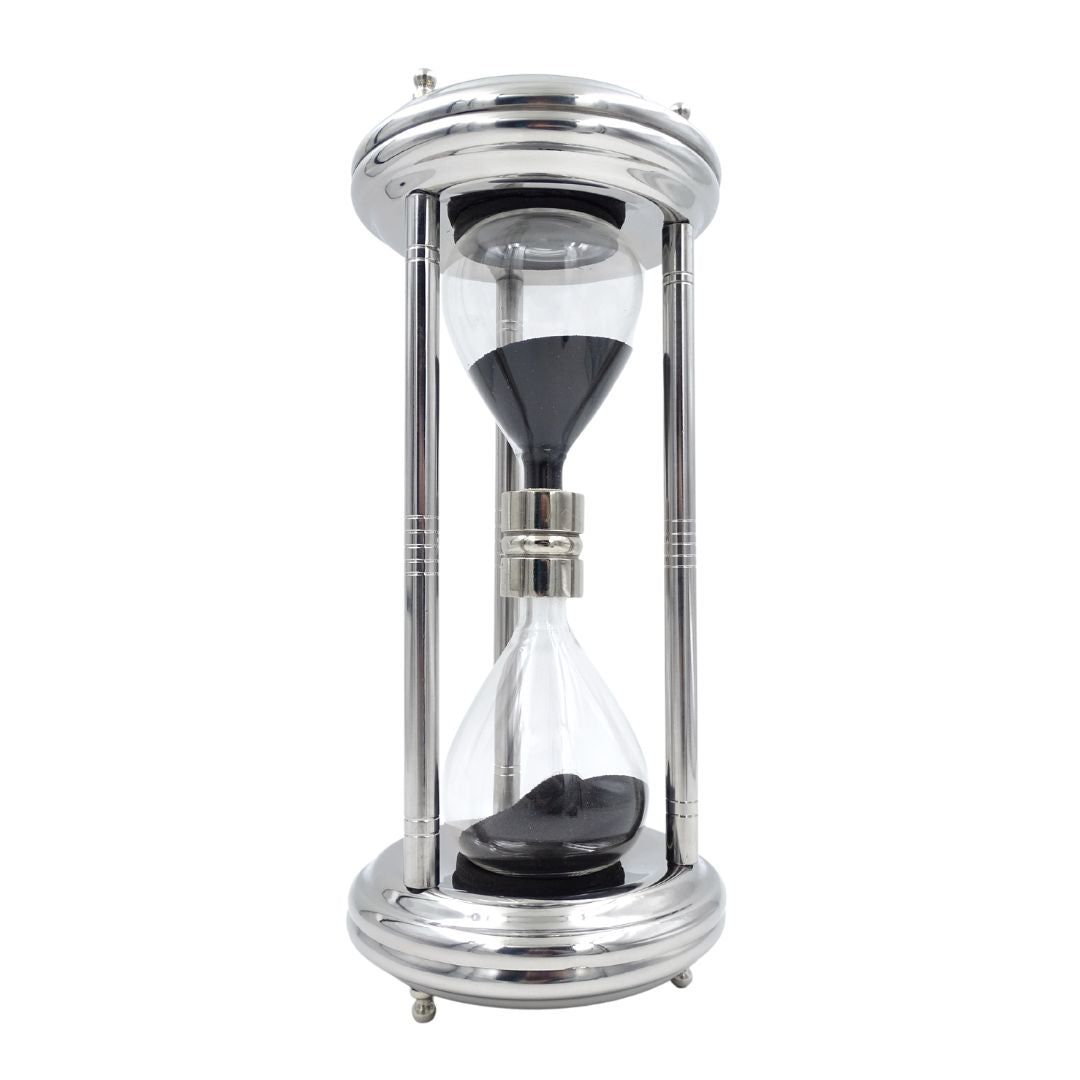 Reloj de arena grande plateado de 10 minutos con posibilidad de grabado