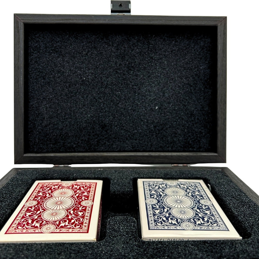 Cartas de juego exclusivas en caja decorativa con posibilidad de personalización con grabado - Azul oscuro y rojo, caja de madera con forro de terciopelo