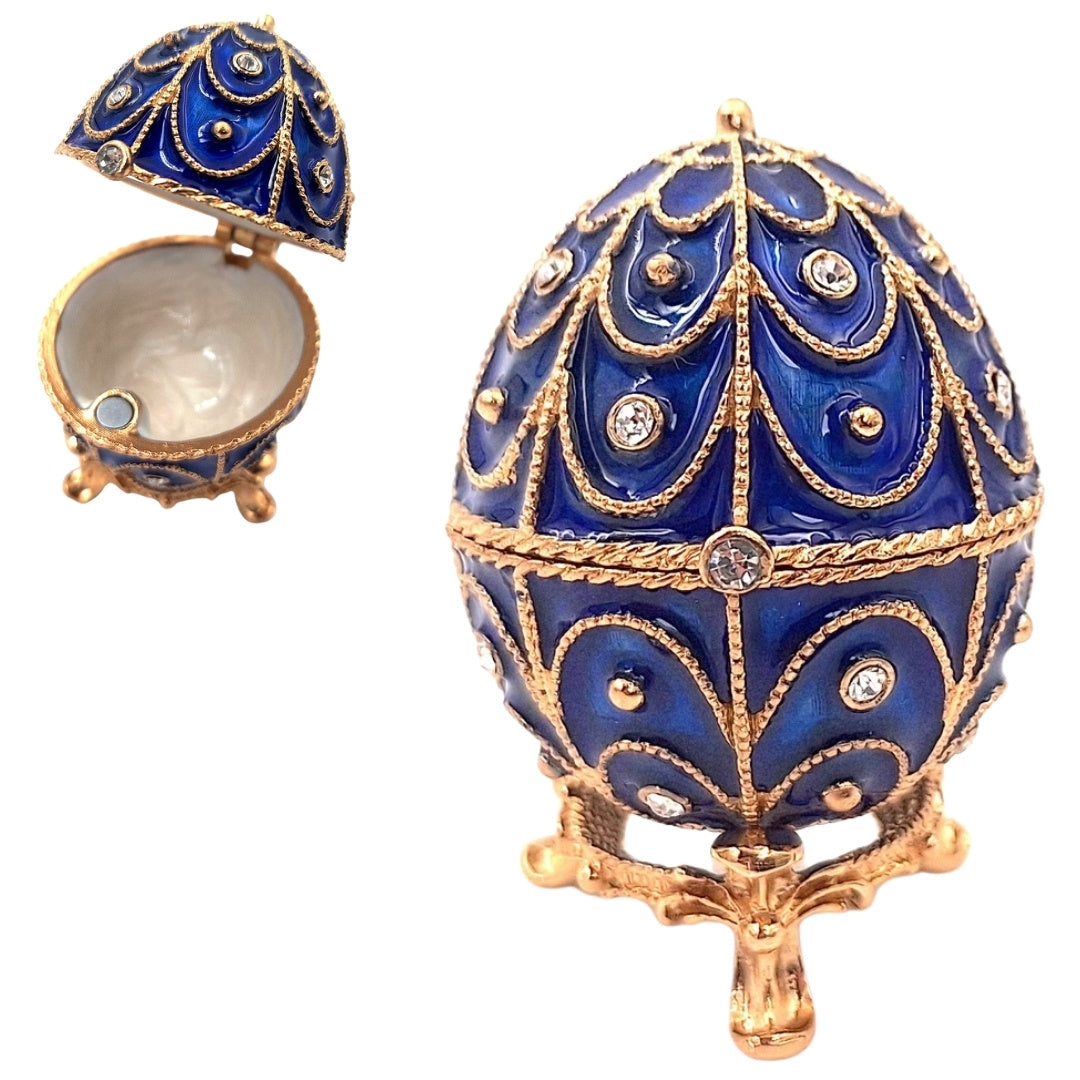 Exclusiva caja metálica con cristales en forma de huevo Fabergé, azul marino y dorado, 5,5x6,5 cm con posibilidad de personalización con grabado