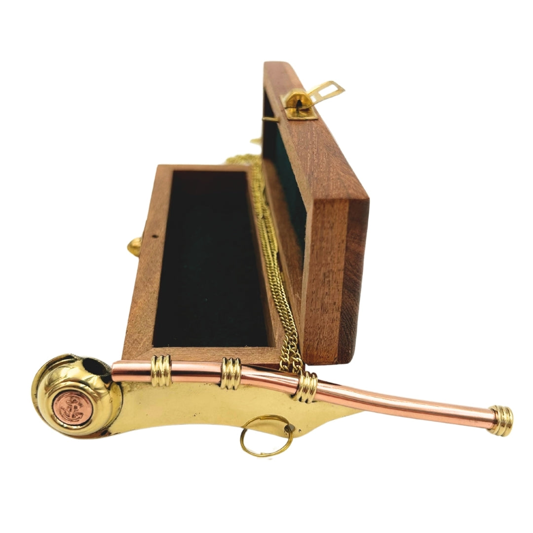 Silbato de Jefe con grabado en caja de madera elegante – de latón, 12,5 cm
