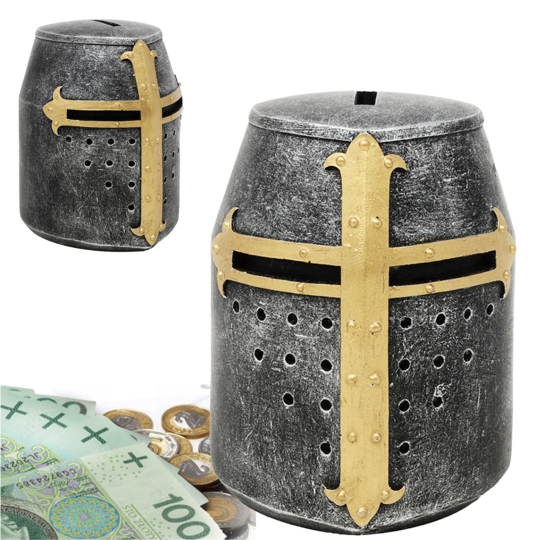 Hucha casco de caballero cruzado con personalización con grabado – regalo único estilo medieval, altura 10 cm, pintado a mano en poliresina