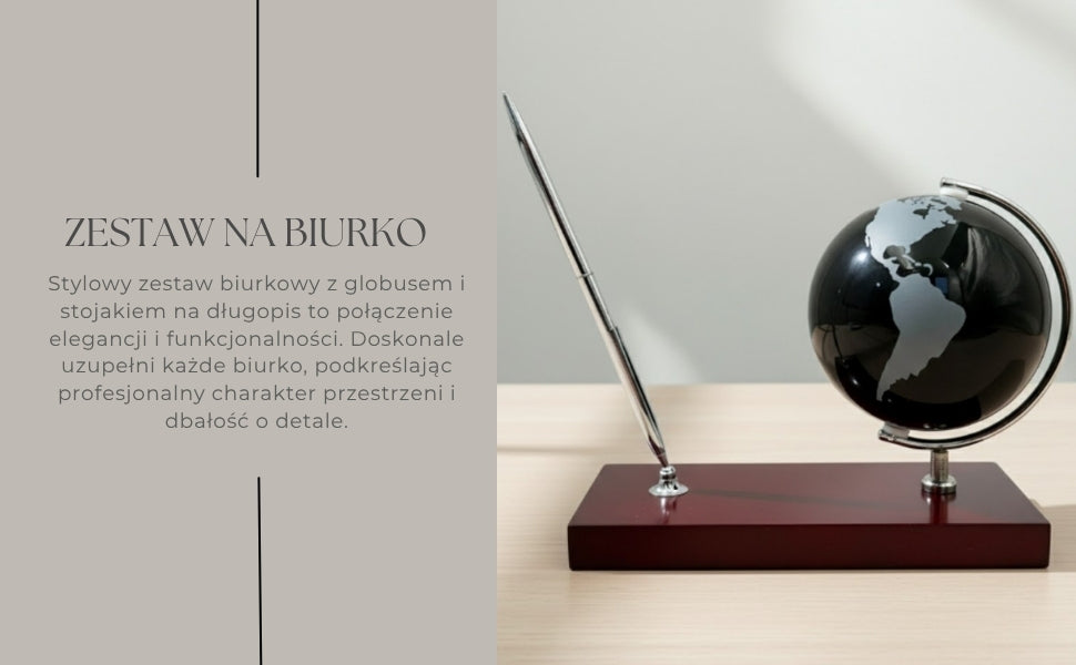 Elegante Set Decorativo para Escritorio con Grabado Personalizado - Globo Soporte para Bolígrafo en Metal Cromado y Madera Oscura