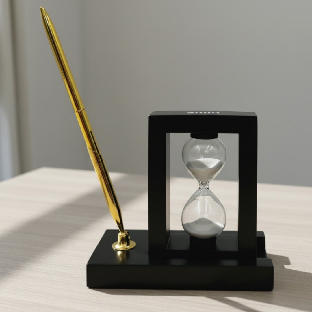 Set decorativo de escritorio con reloj de arena de 3 minutos y soporte para bolígrafo con grabado